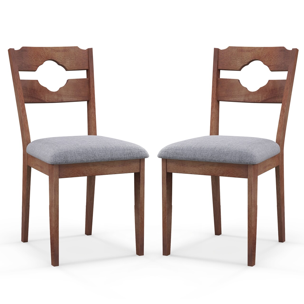 Brown, Grey Fabric Dining Chair Set 2 Padded Seat Rubber Wood Rustic Farmhouse